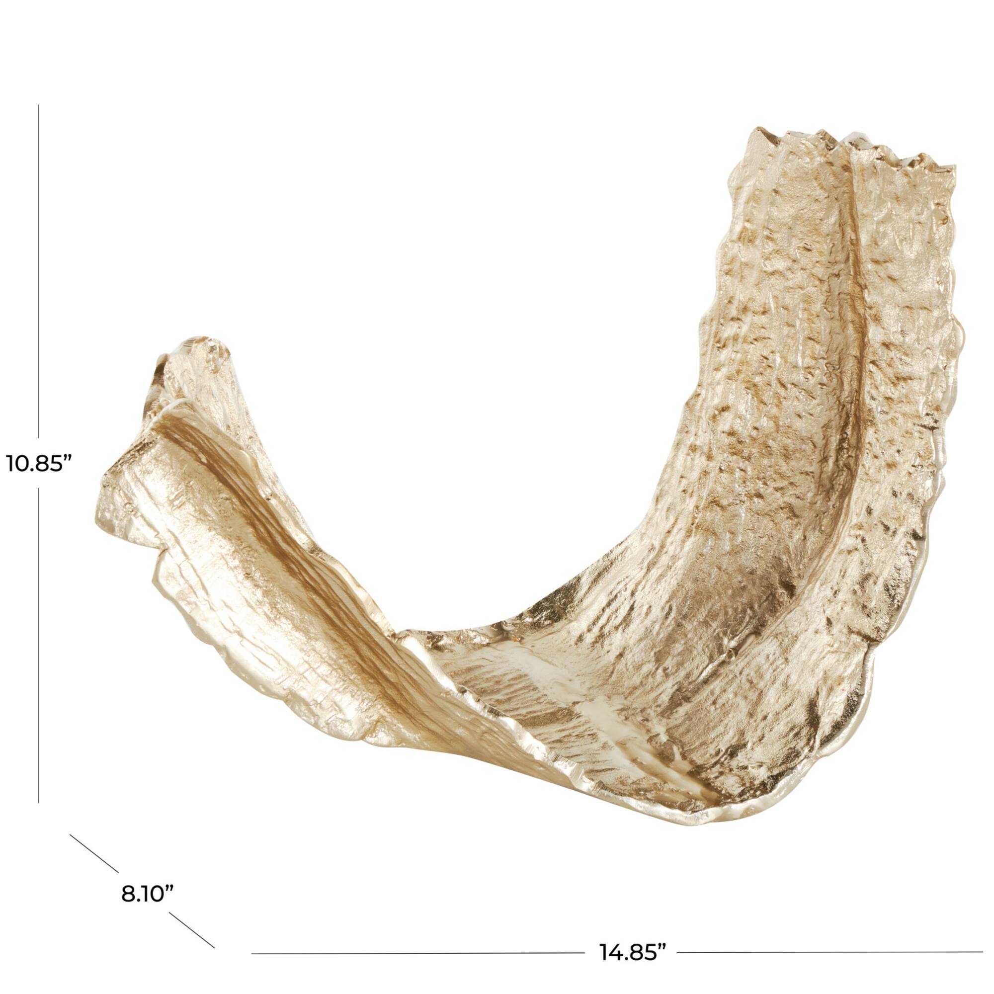 15" Gold Abstract Textured Folded Leaf Aluminum Bowl Sculpture